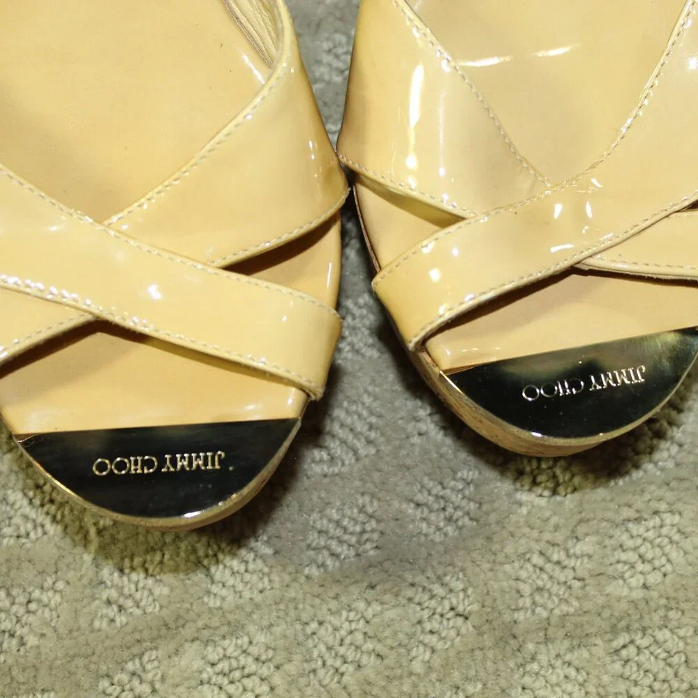 Jimmy Choo Women's 8.5 / 40 Platform Patent Leather Yellow Cork Wedge Heels